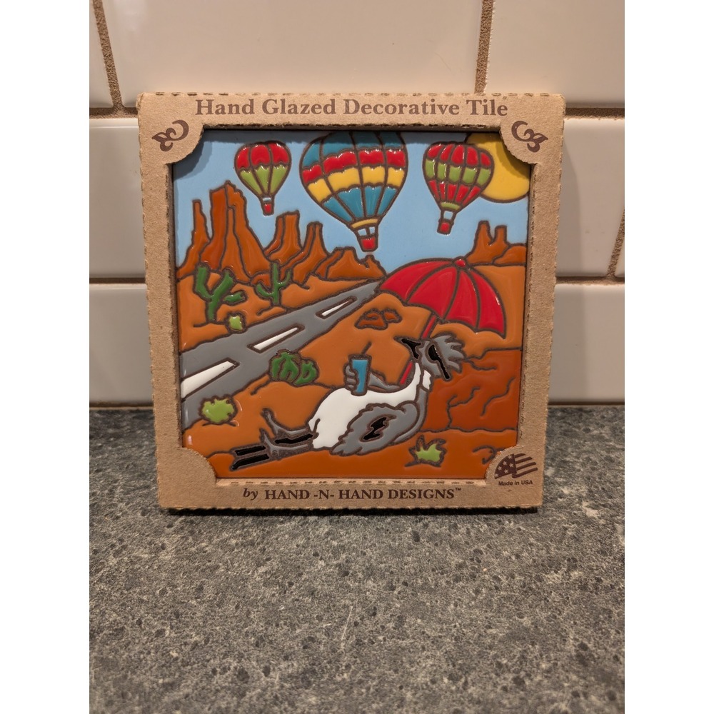 Hand N Hand Designs Decorative Tile Desert Scene Hot Air Balloons Road Runner